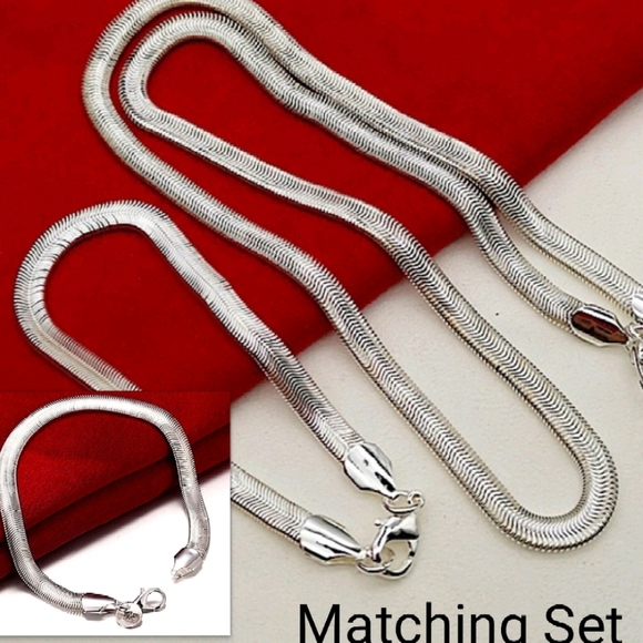 Sterling Silver Flat Snake Chain Necklace Matching Bracelet Set - Picture 1 of 10
